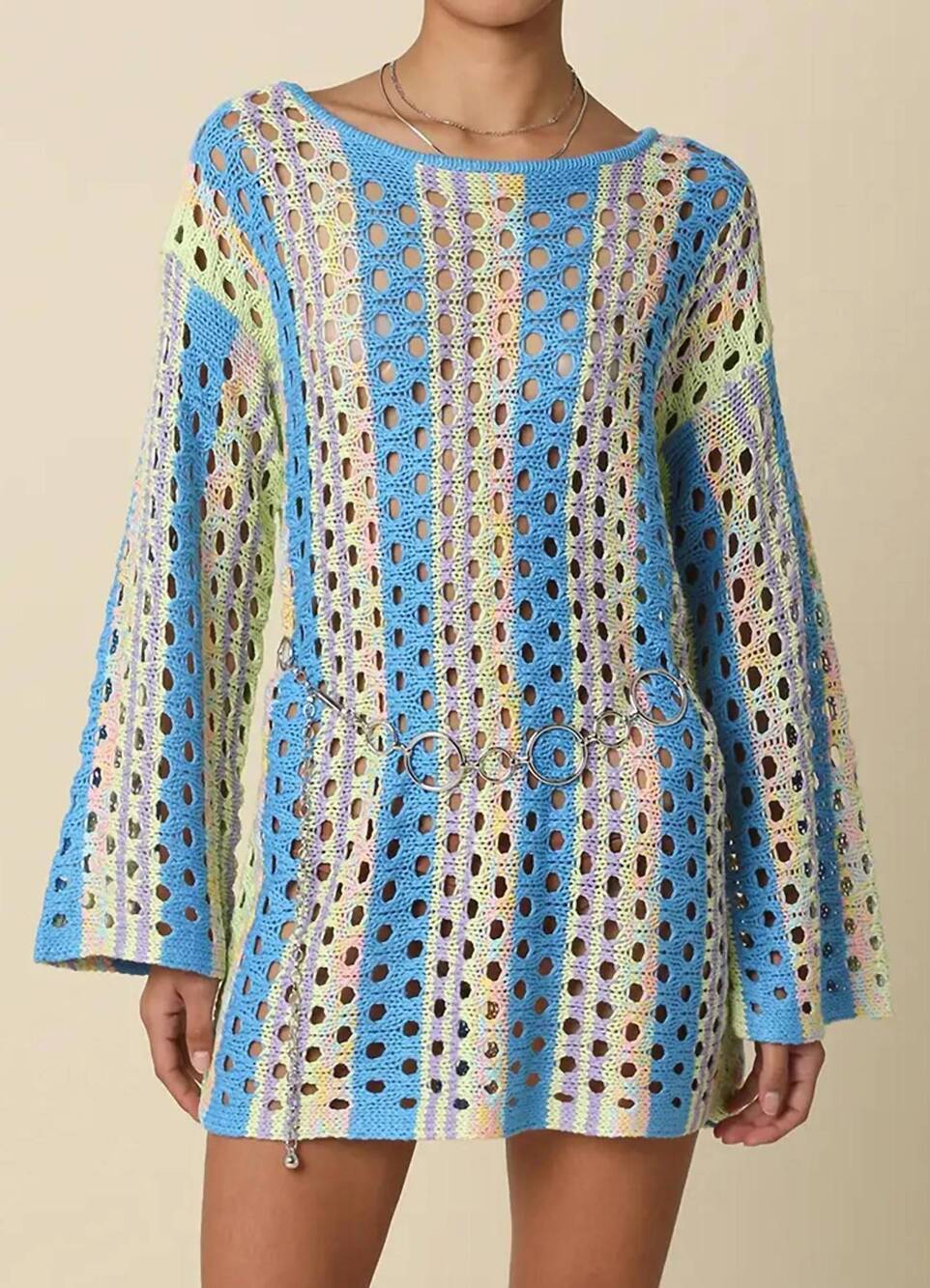 NEW OLIVACEOUS phoenix long sleeve crochet cover up in blue pink multi